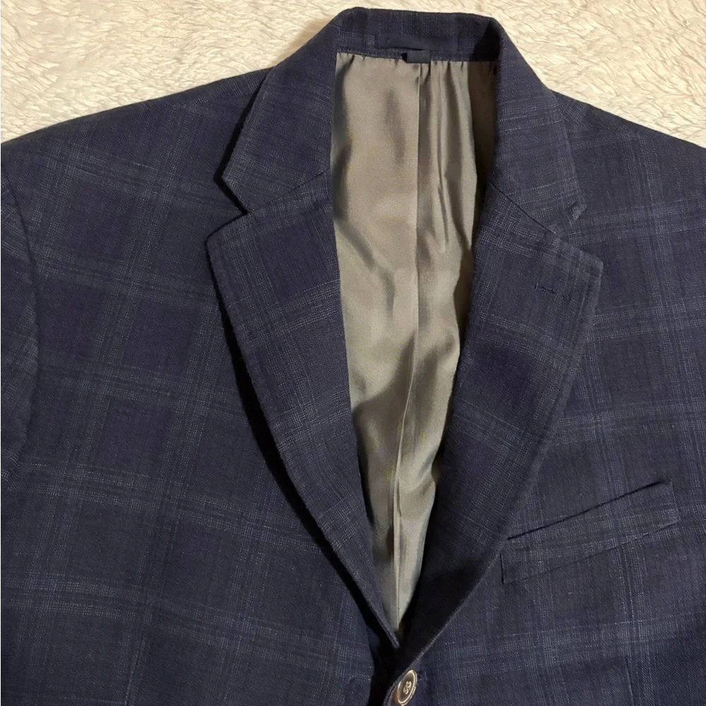 JOS A BANK Linen Men 44R Tailored Fit Blazer Sport Coat Jacket Blue Plaid